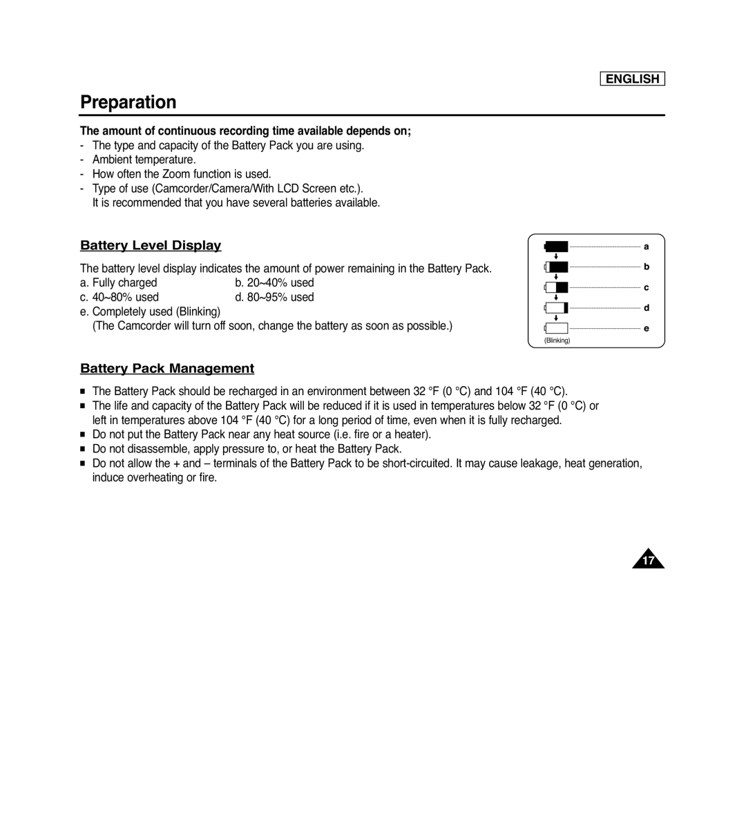 Samsung SC-D366, SC-D263, SC-D364, SC-D362 manual Battery Level Display, Battery Pack Management, Preparation, English 