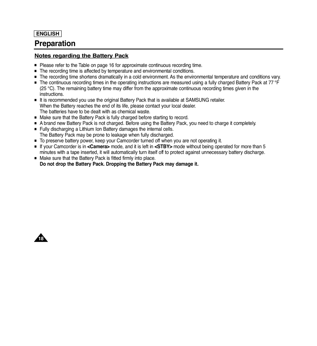 Samsung SC-D364 Notes regarding the Battery Pack, Do not drop the Battery Pack. Dropping the Battery Pack may damage it 