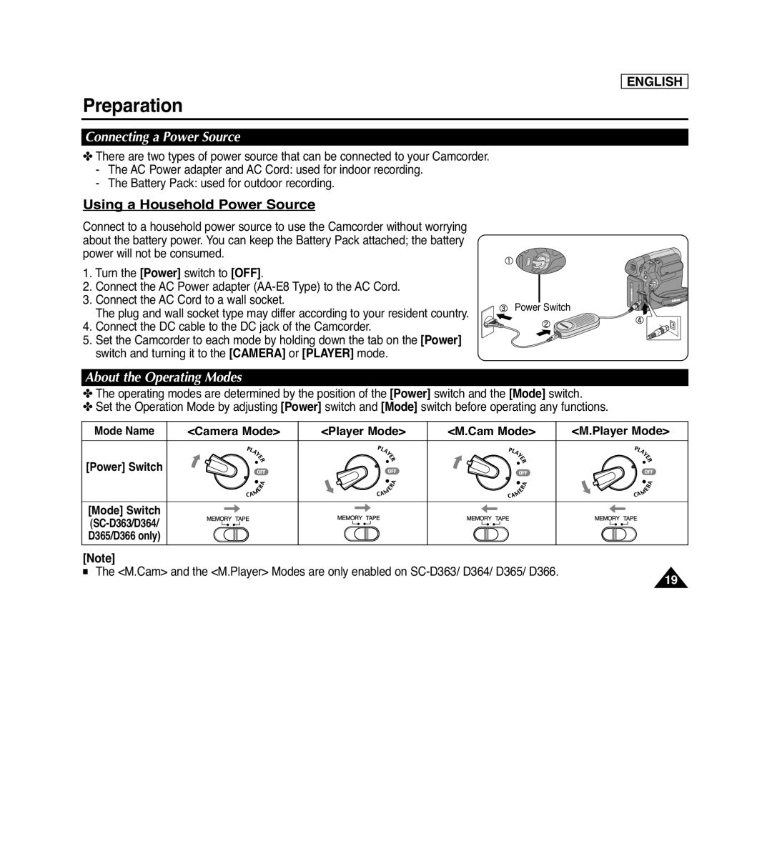 Samsung SC-D362 Using a Household Power Source, Connecting a Power Source, About the Operating Modes, Player Mode, English 