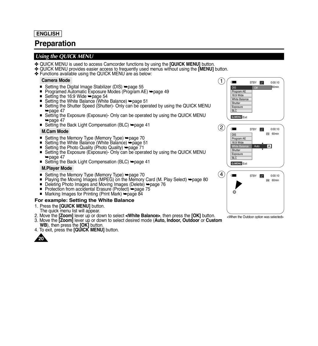 Samsung SC-D263 manual Using the QUICK MENU, For example Setting the White Balance, M.Cam Mode, M.Player Mode, Preparation 