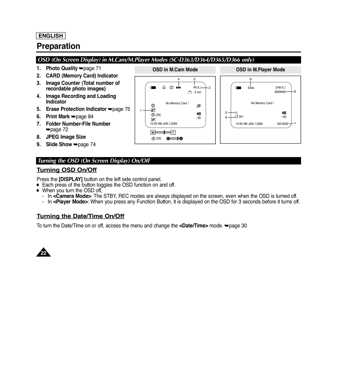 Samsung SC-D364 Turning OSD On/Off, Turning the Date/Time On/Off, Turning the OSD On Screen Display On/Off, Preparation 