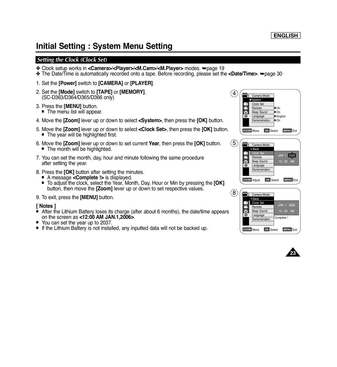 Samsung SC-D362 Initial Setting System Menu Setting, Setting the Clock Clock Set, Set the Power switch to CAMERA or PLAYER 