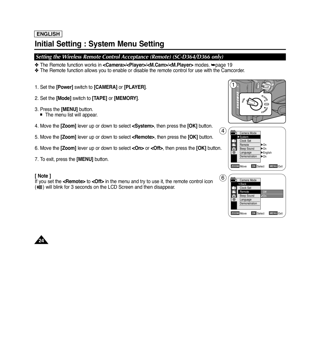 Samsung SC-D263, SC-D366, SC-D364 Initial Setting System Menu Setting, English, Set the Power switch to CAMERA or PLAYER 