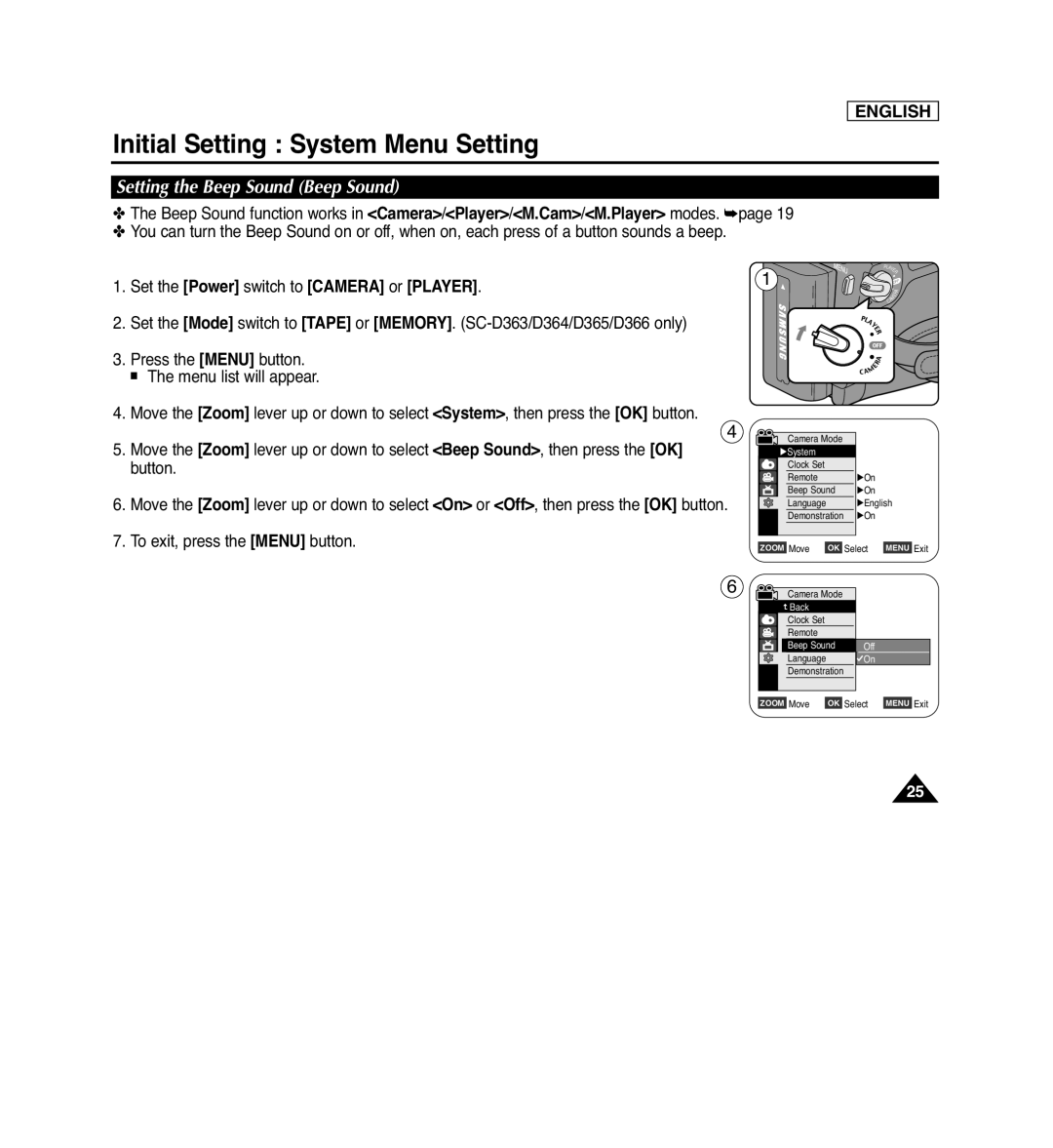 Samsung SC-D366, SC-D263, SC-D364, SC-D362 Setting the Beep Sound Beep Sound, Initial Setting System Menu Setting, English 