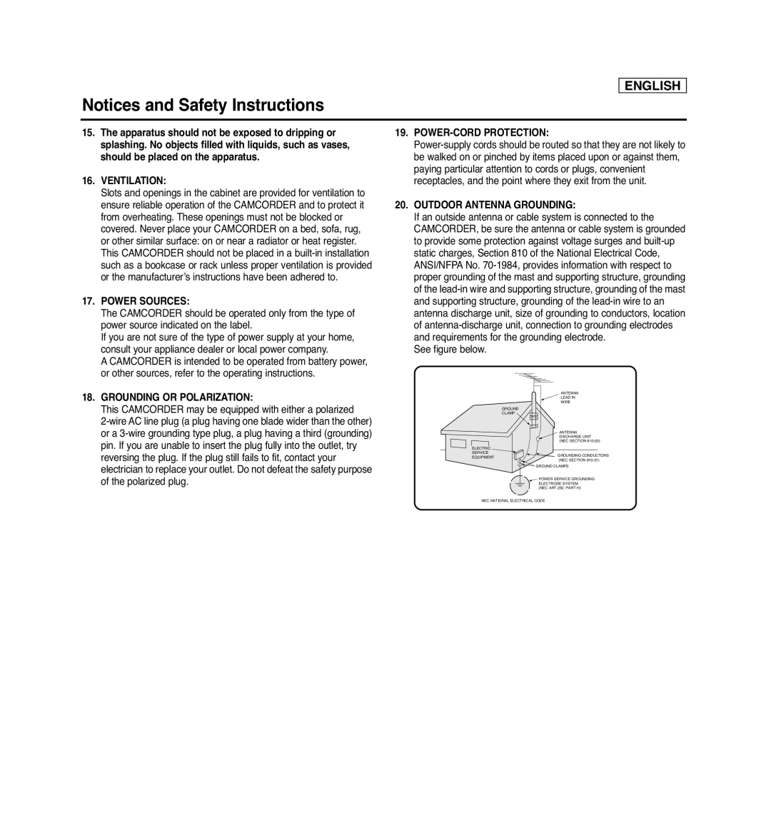 Samsung SC-D362, SC-D263 Notices and Safety Instructions, English, Ventilation, Power Sources, Grounding Or Polarization 