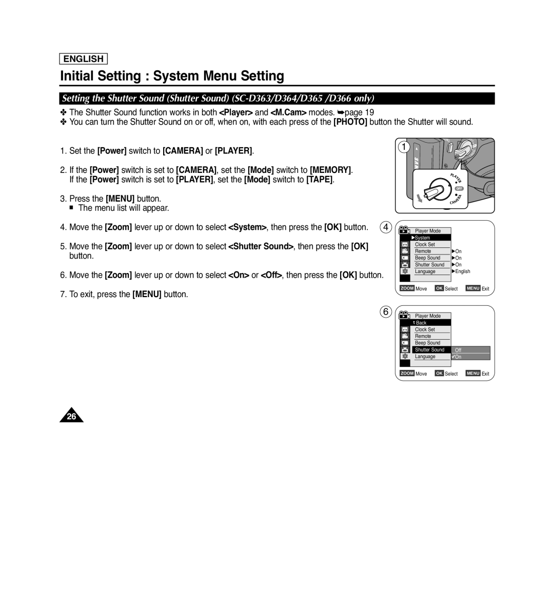 Samsung SC-D364 Setting the Shutter Sound Shutter Sound SC-D363/D364/D365 /D366 only, Initial Setting System Menu Setting 