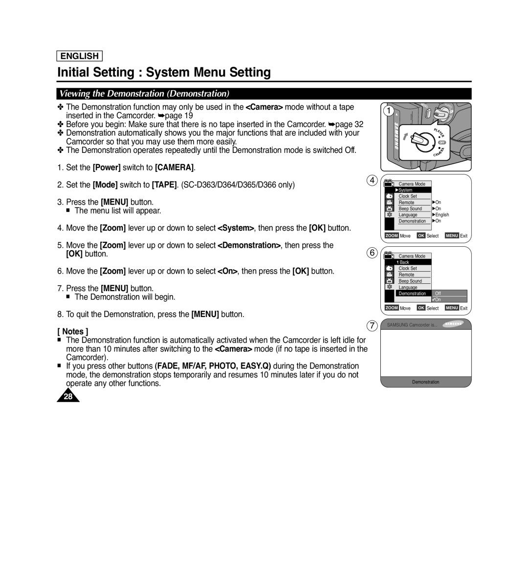 Samsung SC-D263, SC-D366, SC-D364 Viewing the Demonstration Demonstration, Initial Setting System Menu Setting, English 