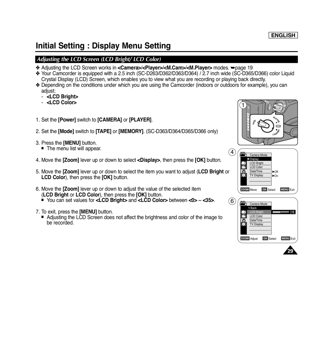 Samsung SC-D366, SC-D263 Initial Setting Display Menu Setting, Adjusting the LCD Screen LCD Bright/ LCD Color, English 