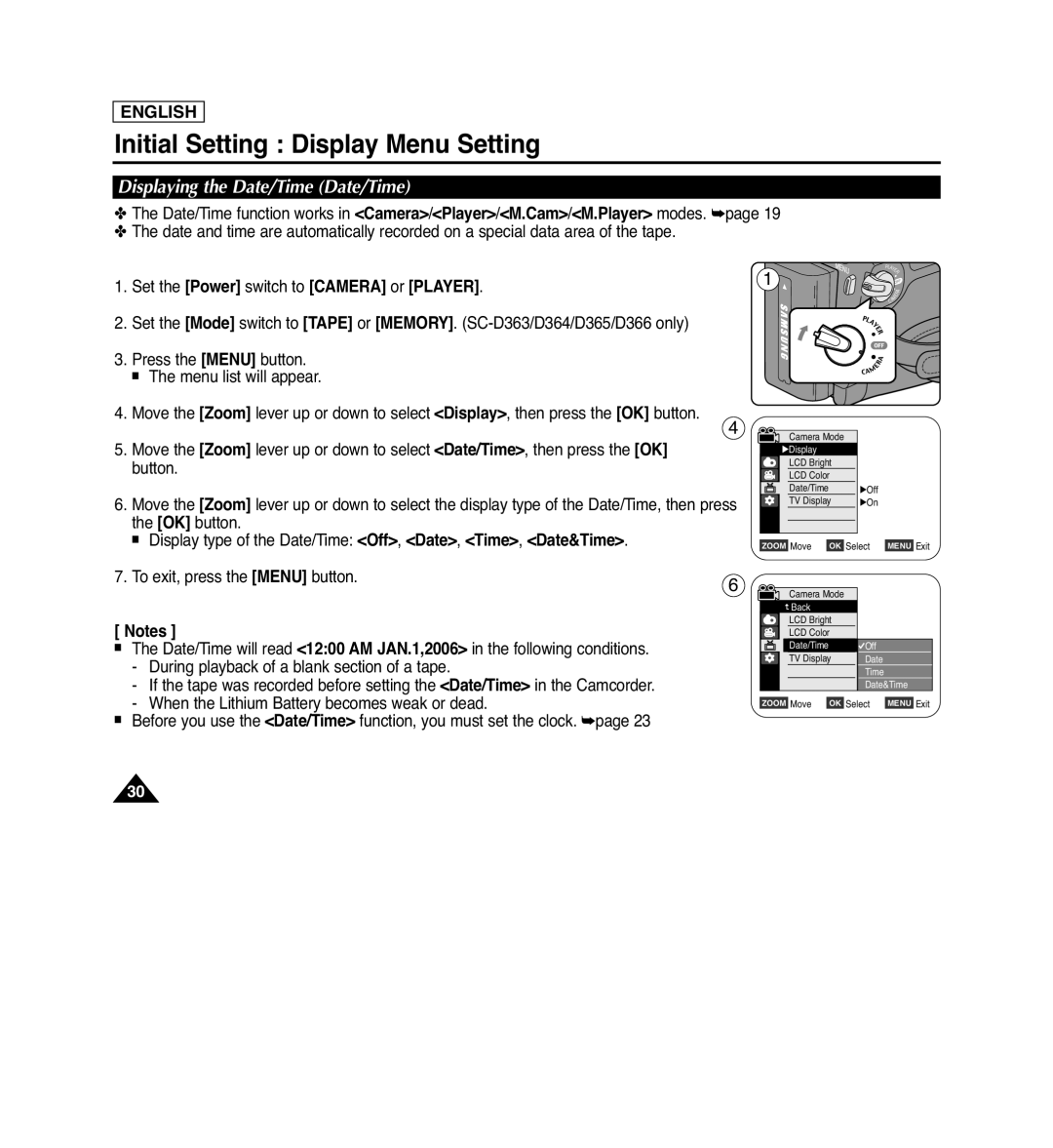 Samsung SC-D364, SC-D263, SC-D366, SC-D362 Displaying the Date/Time Date/Time, Initial Setting Display Menu Setting, English 