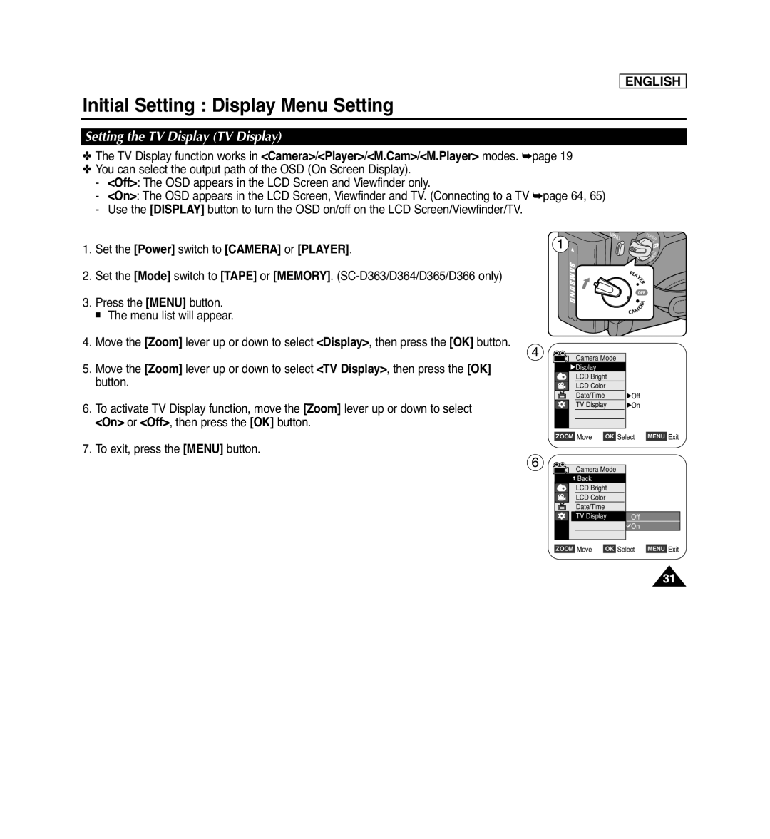 Samsung SC-D362, SC-D263, SC-D366, SC-D364 Setting the TV Display TV Display, Initial Setting Display Menu Setting, English 