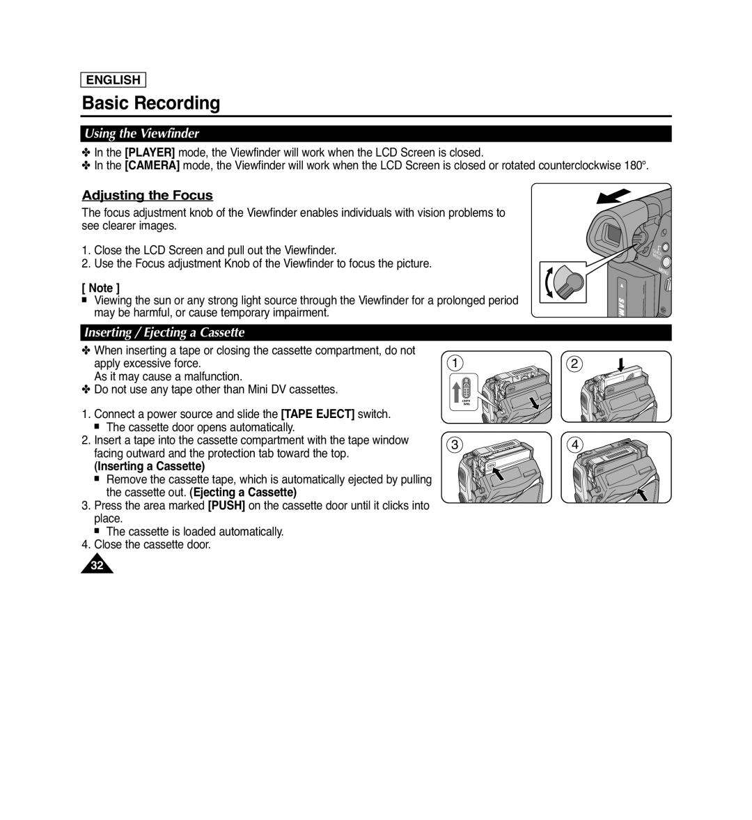 Samsung SC-D263 manual Basic Recording, Adjusting the Focus, Using the Viewfinder, Inserting / Ejecting a Cassette, English 