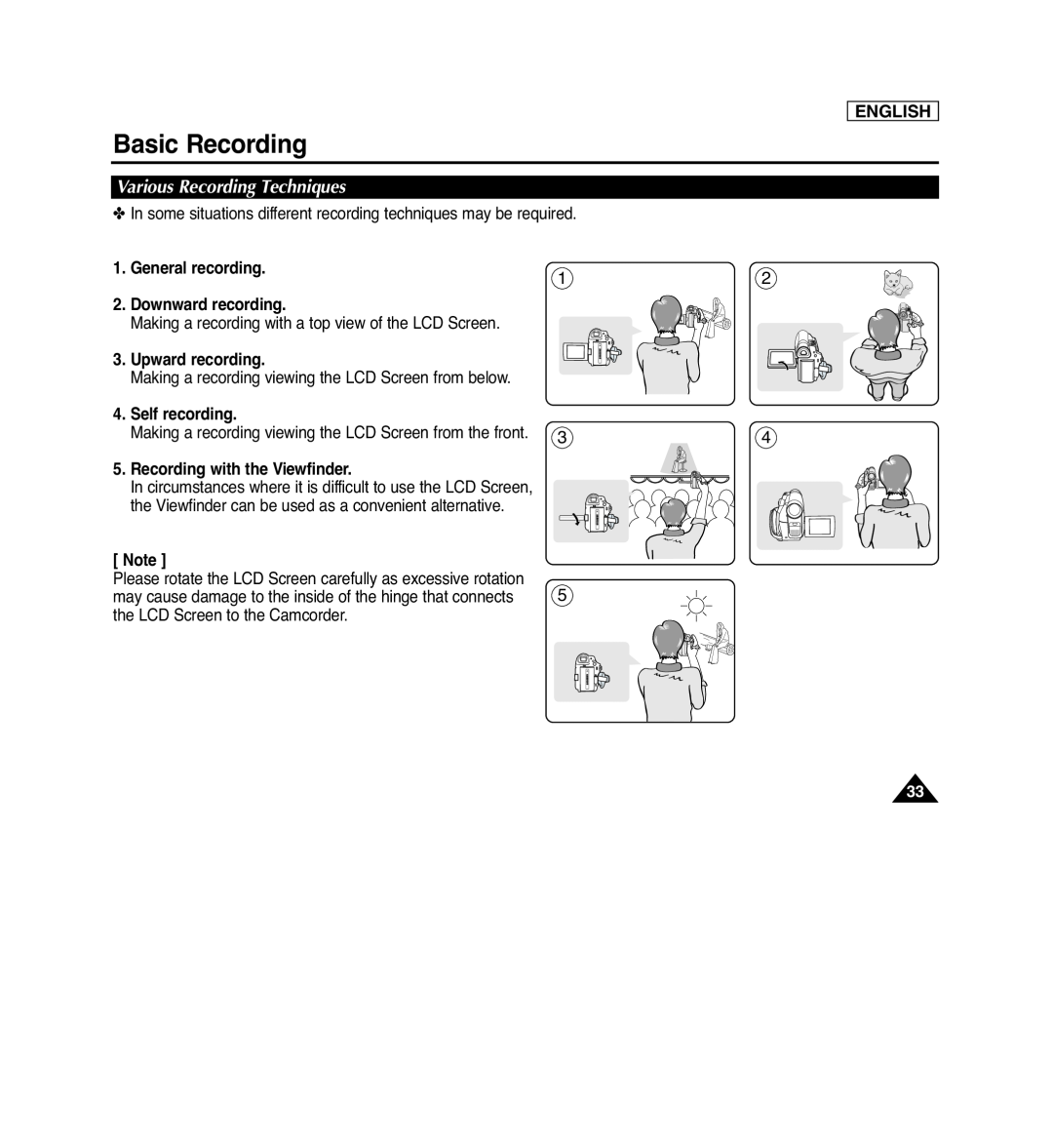 Samsung SC-D366 Various Recording Techniques, General recording 2. Downward recording, Upward recording, Self recording 