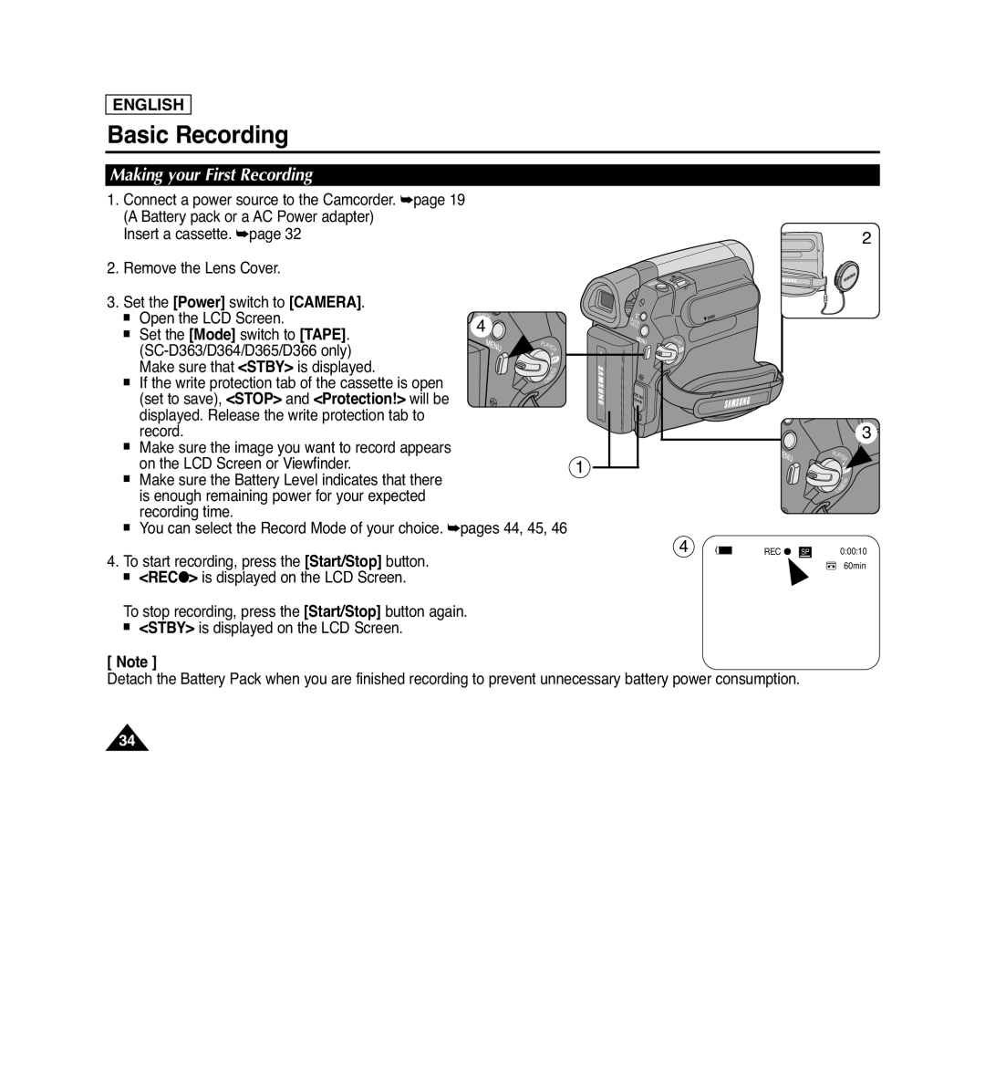 Samsung SC-D364, SC-D263, SC-D366, SC-D362 manual Making your First Recording, Basic Recording, English 