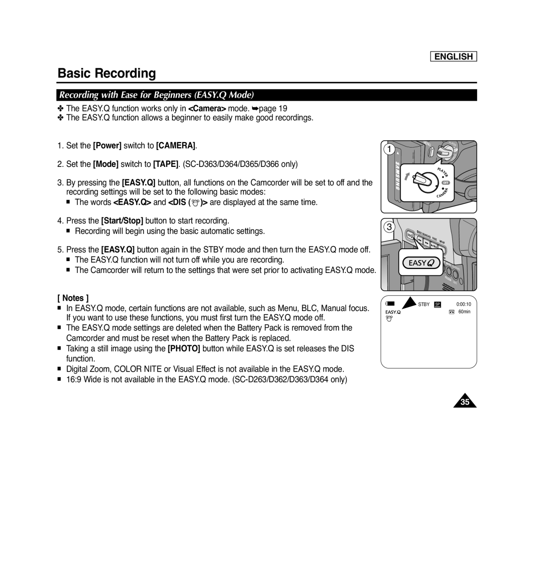 Samsung SC-D362, SC-D263 Recording with Ease for Beginners EASY.Q Mode, Basic Recording, English, 00010, Stby Sp, 60min 