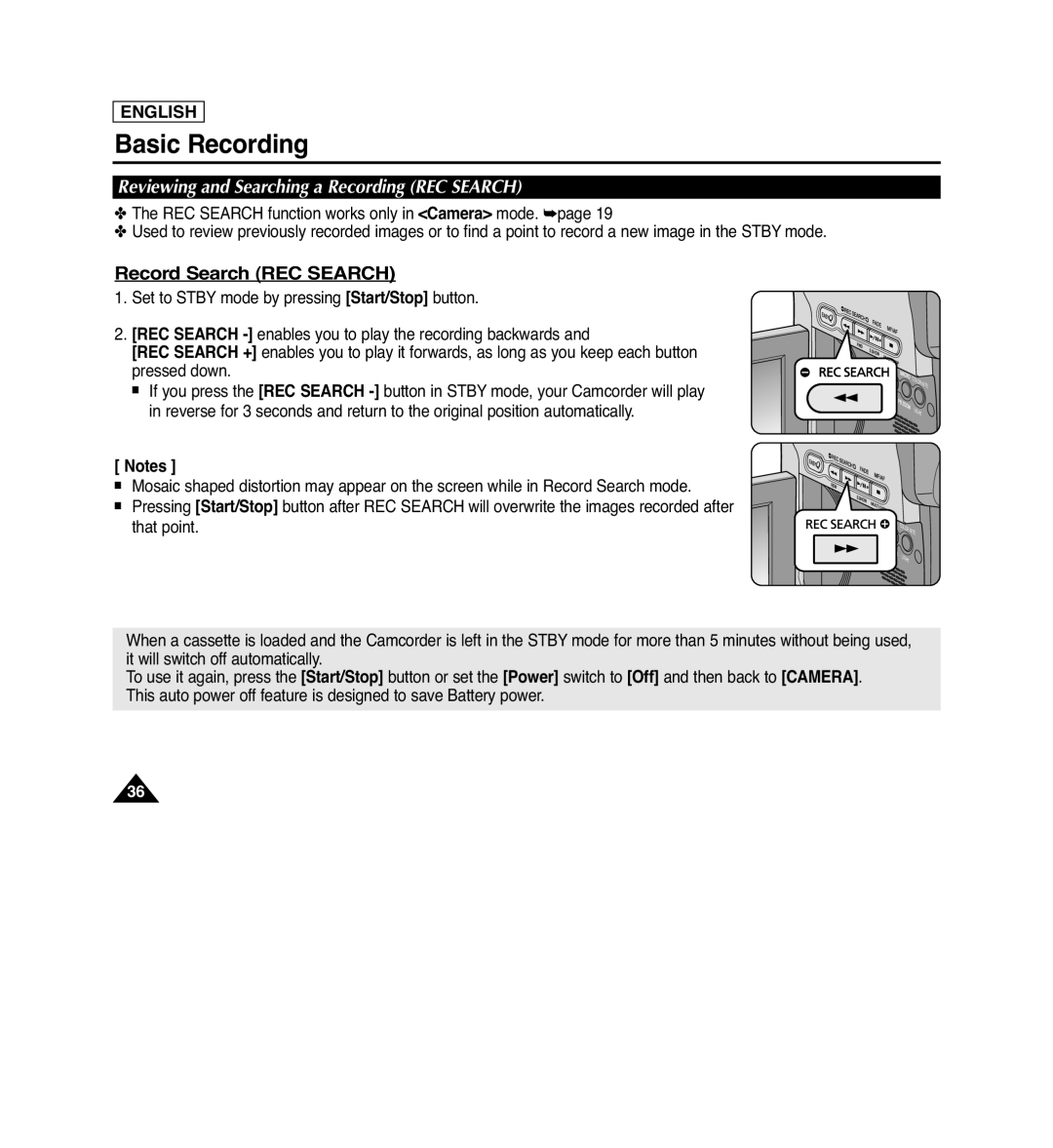 Samsung SC-D263 manual Record Search REC SEARCH, Reviewing and Searching a Recording REC SEARCH, Basic Recording, English 