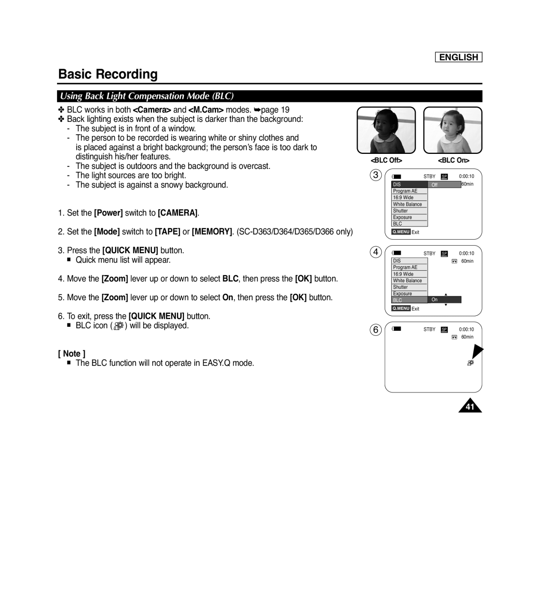 Samsung SC-D366, SC-D263, SC-D364, SC-D362 Using Back Light Compensation Mode BLC, Basic Recording, English, BLC Off, BLC On 