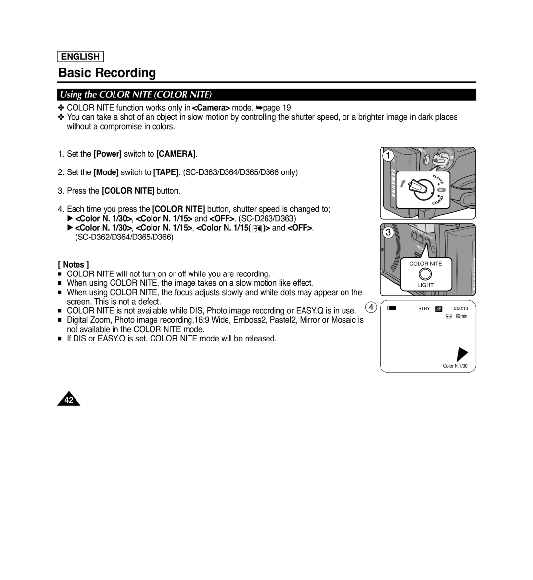 Samsung SC-D364 Using the COLOR NITE COLOR NITE, √ Color N. 1/30, Color N. 1/15 and OFF. SC-D263/D363, Basic Recording 