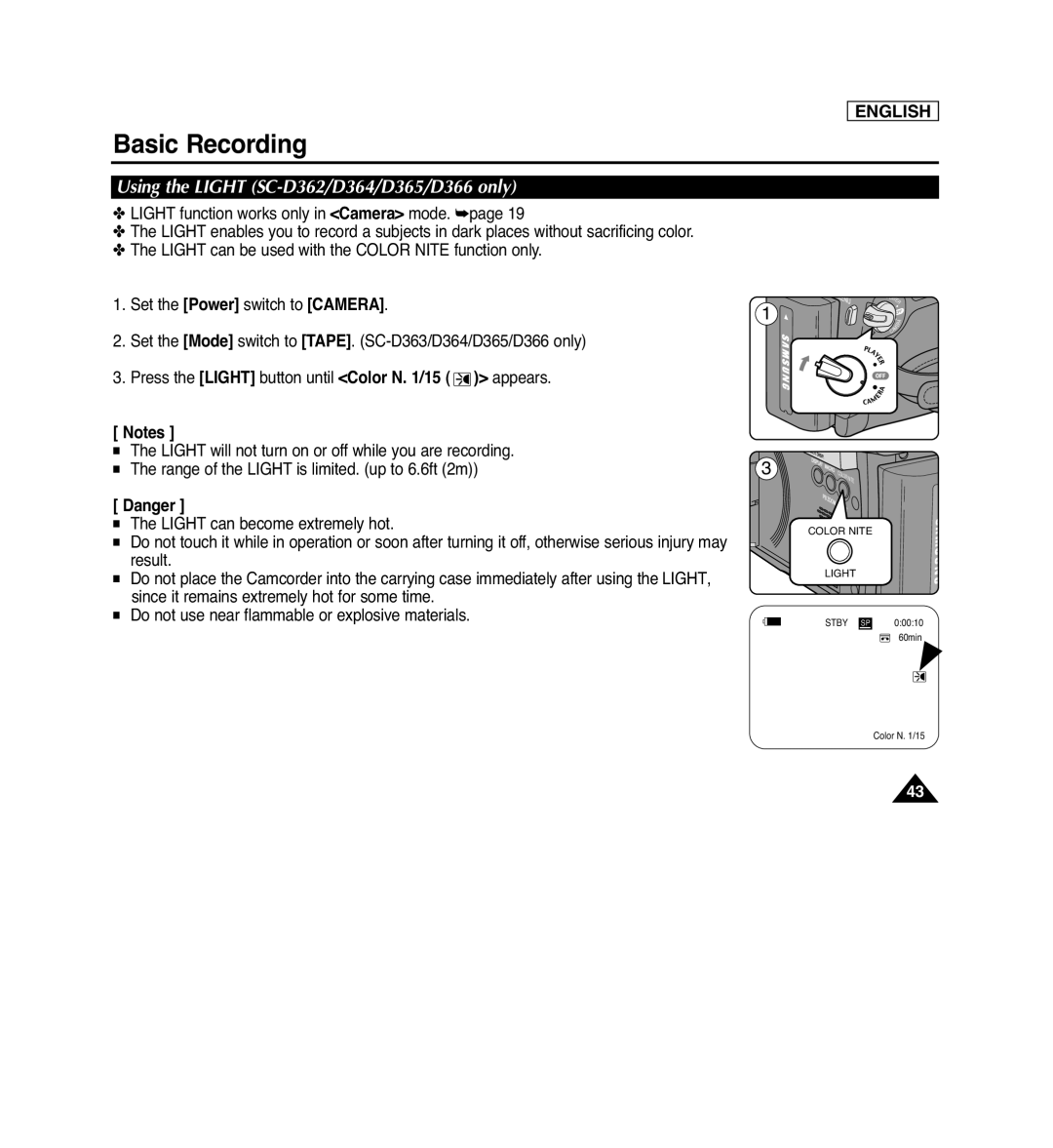 Samsung SC-D263, SC-D366, SC-D364 manual Using the LIGHT SC-D362/D364/D365/D366 only, Danger, Basic Recording, English 