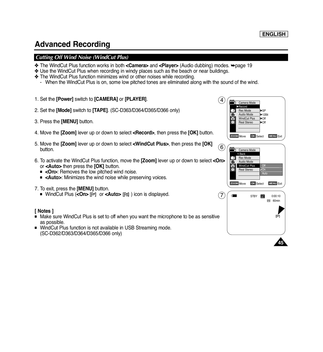 Samsung SC-D366 Cutting Off Wind Noise WindCut Plus, Set the Power switch to CAMERA or PLAYER, or Auto, Advanced Recording 