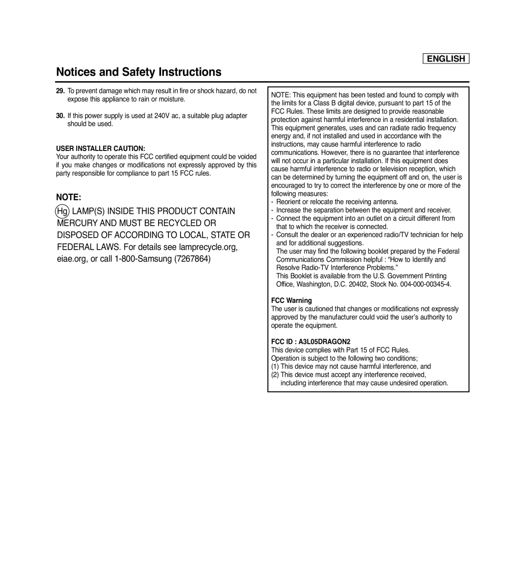 Samsung SC-D366 manual Notices and Safety Instructions, English, User Installer Caution, FCC Warning, FCC ID A3L05DRAGON2 