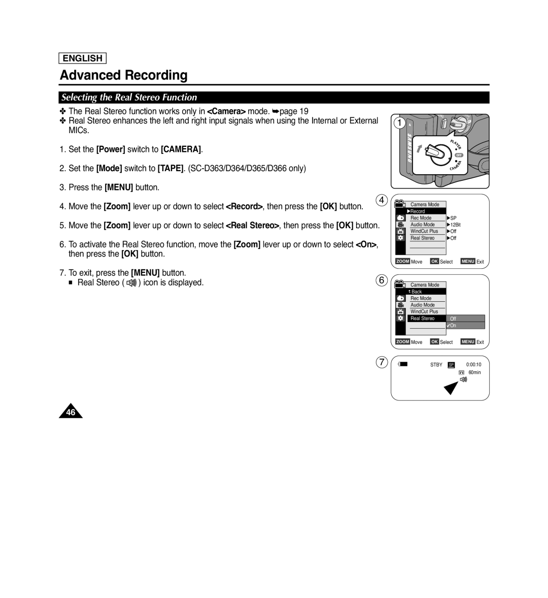 Samsung SC-D364, SC-D263, SC-D366, SC-D362 manual Selecting the Real Stereo Function, Advanced Recording, English 