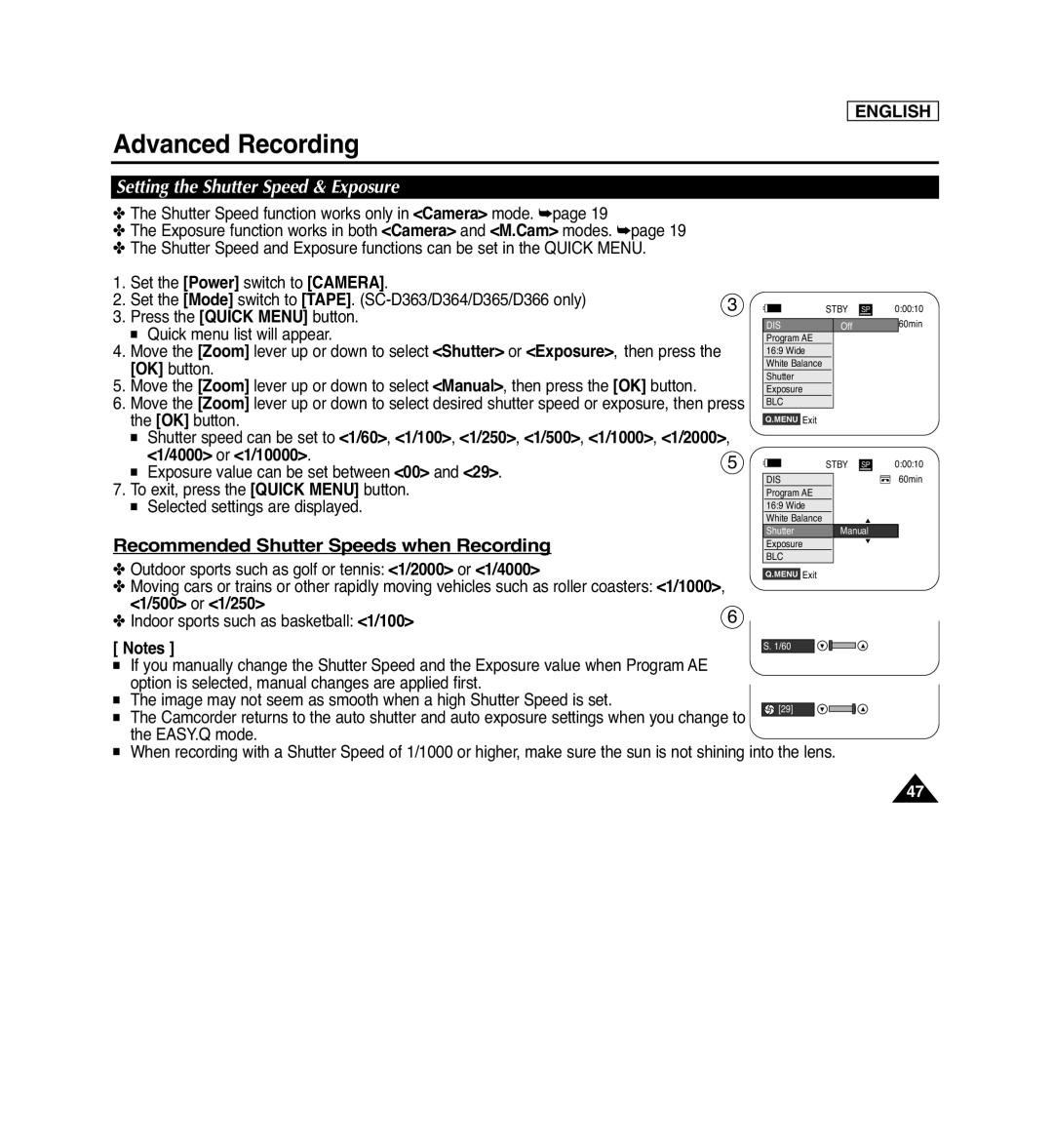 Samsung SC-D362 manual Recommended Shutter Speeds when Recording, Setting the Shutter Speed & Exposure, 1/4000 or 1/10000 