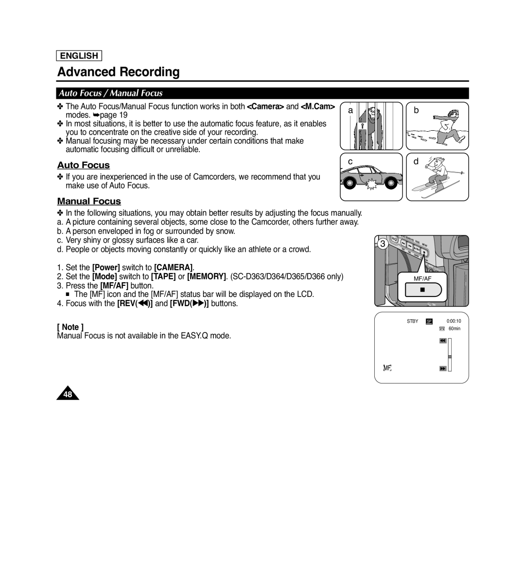Samsung SC-D263, SC-D366, SC-D364, SC-D362 manual Auto Focus / Manual Focus, modes. page, Advanced Recording, English 