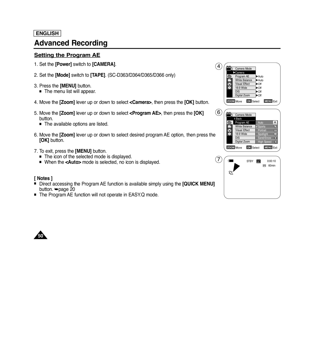 Samsung SC-D364, SC-D263, SC-D366, SC-D362 manual Setting the Program AE, Advanced Recording, English, Zoom, Menu 