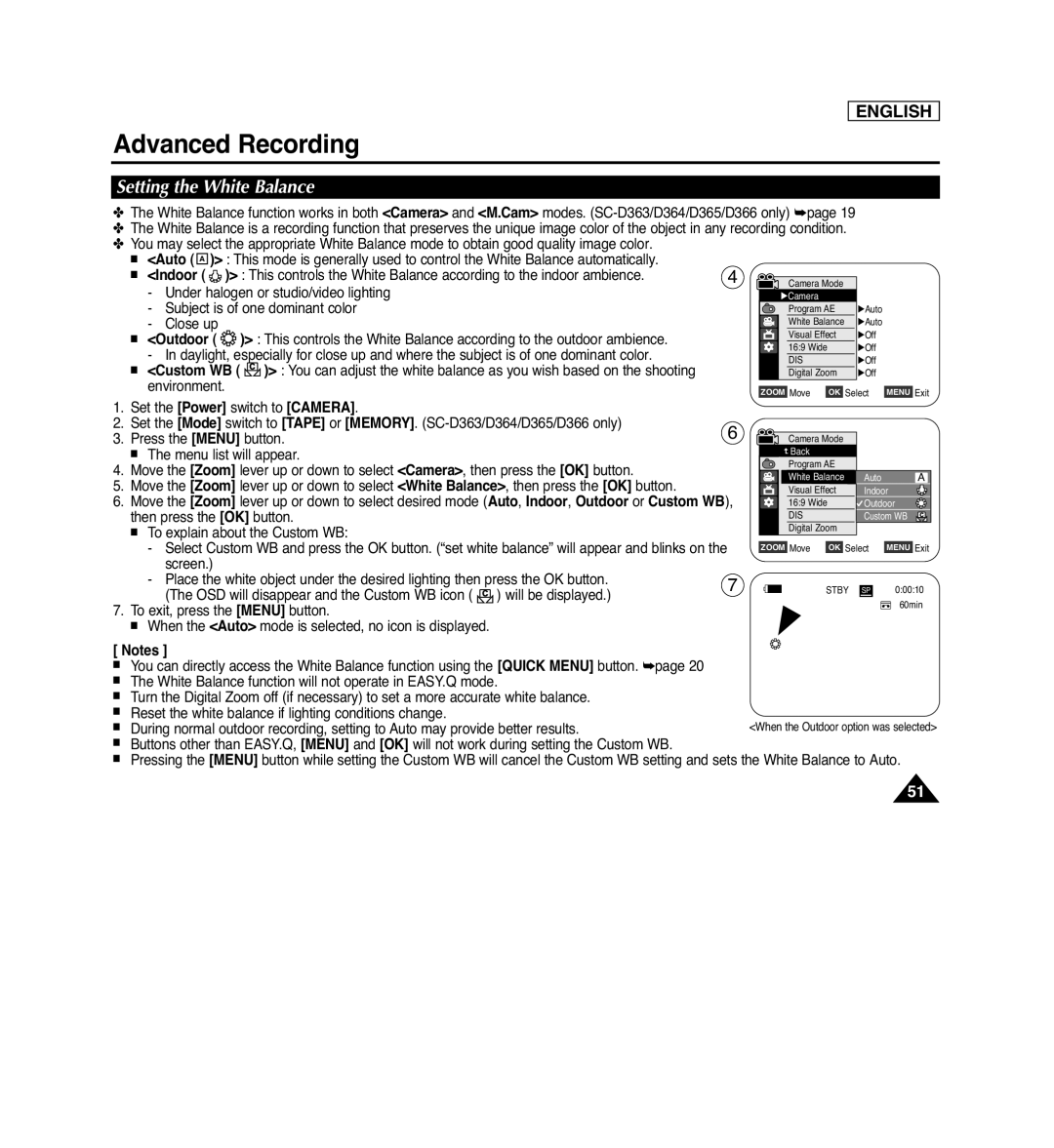 Samsung SC-D362, SC-D263, SC-D366, SC-D364 manual Setting the White Balance, Advanced Recording, English, Outdoor 