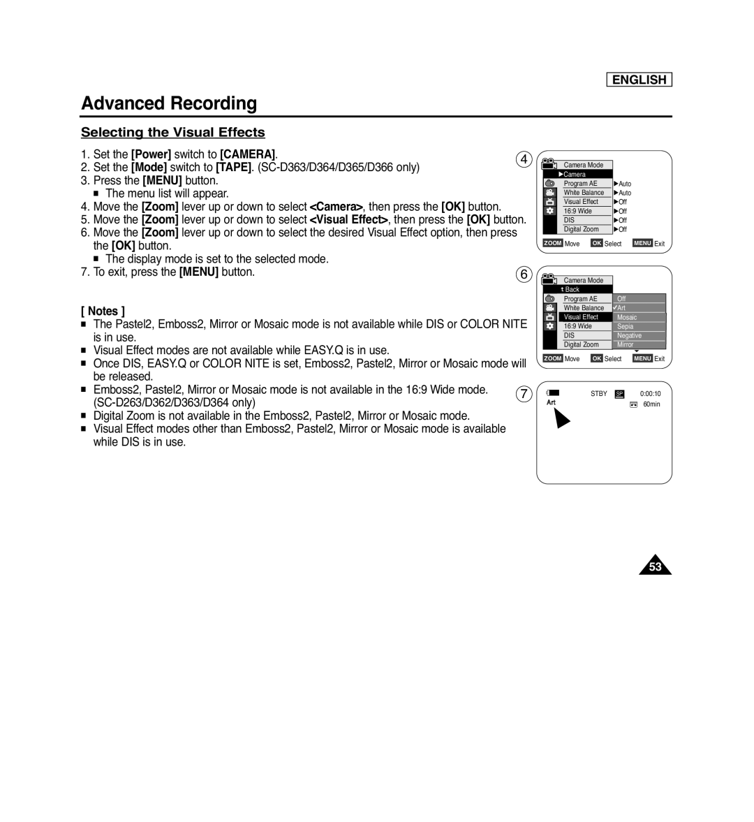 Samsung SC-D366, SC-D263, SC-D364, SC-D362 manual Selecting the Visual Effects, Advanced Recording, English, Arrtt 