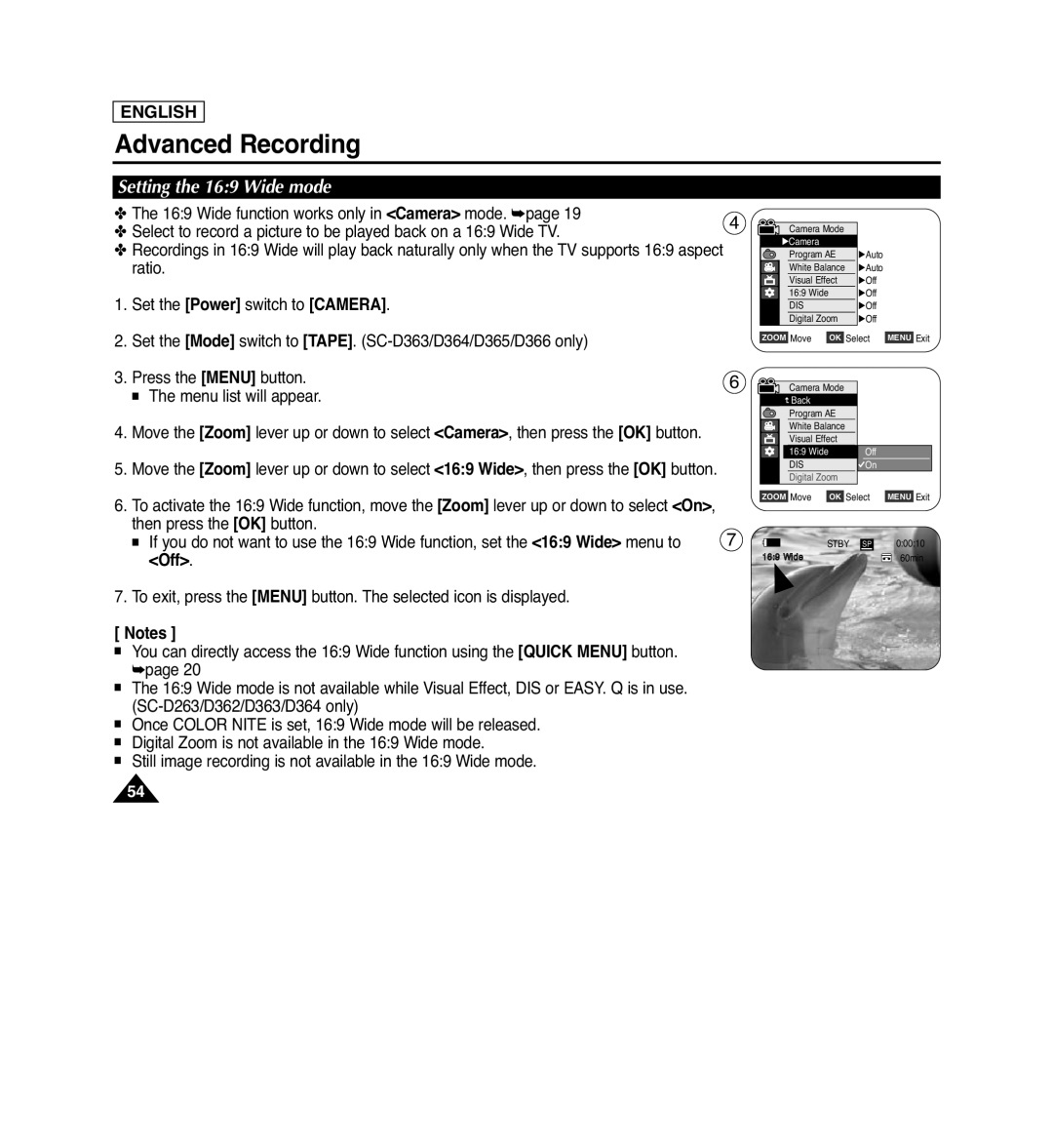 Samsung SC-D364, SC-D263, SC-D366, SC-D362 manual Setting the 169 Wide mode, Advanced Recording, English, Digital Zoom 