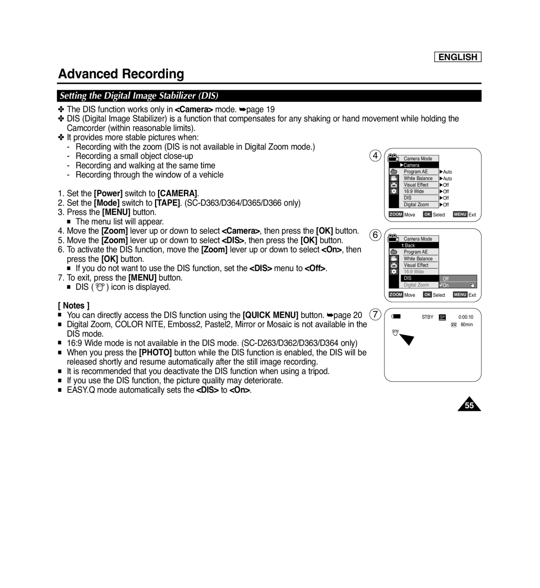 Samsung SC-D362, SC-D263, SC-D366 Setting the Digital Image Stabilizer DIS, Advanced Recording, English, Wide, Digital Zoom 