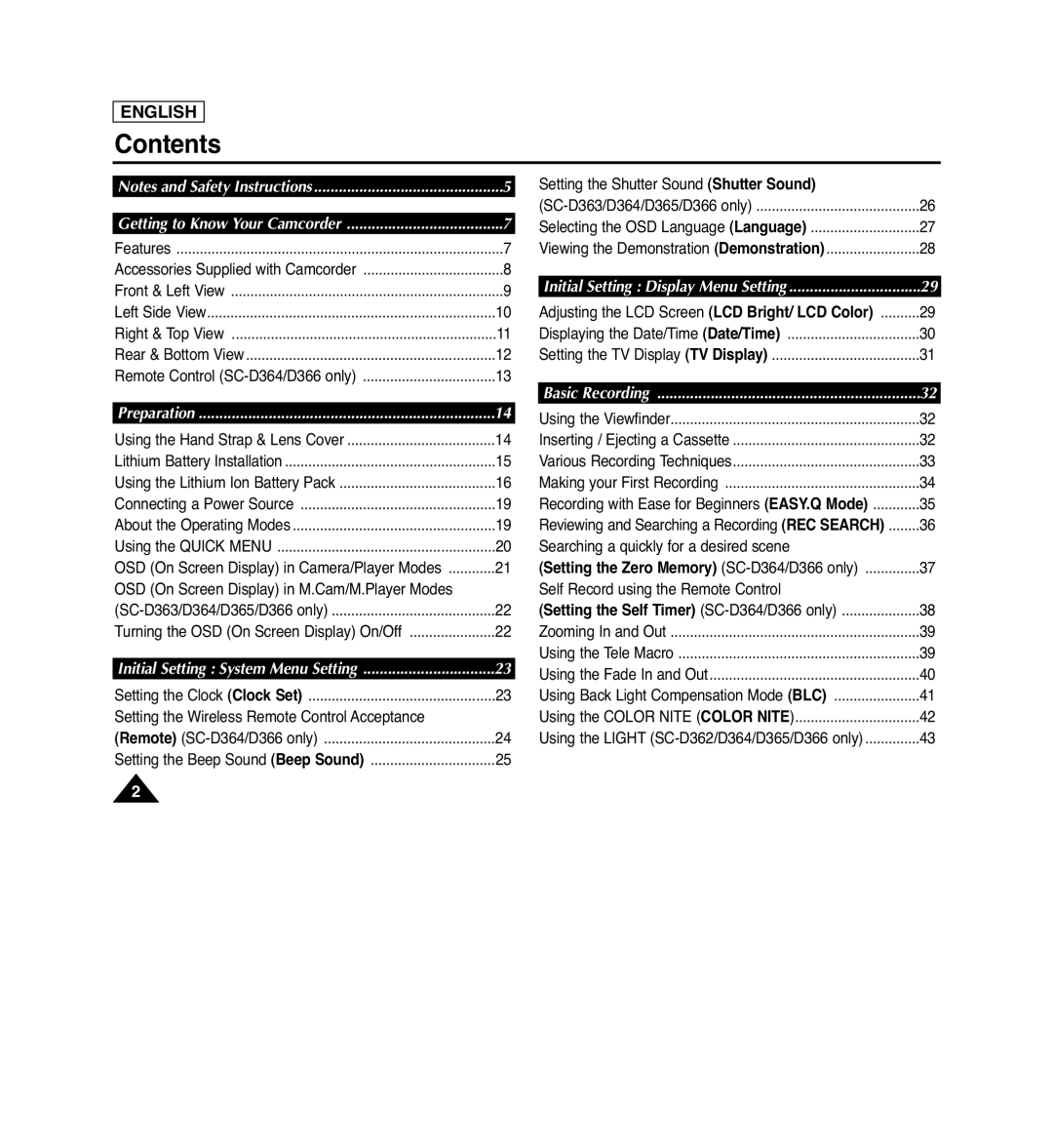 Samsung SC-D364, SC-D263 Contents, English, Notes and Safety Instructions, Getting to Know Your Camcorder, Basic Recording 