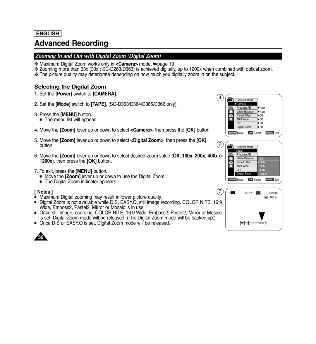 Samsung SC-D263 Selecting the Digital Zoom, Zooming In and Out with Digital Zoom Digital Zoom, Advanced Recording, English 