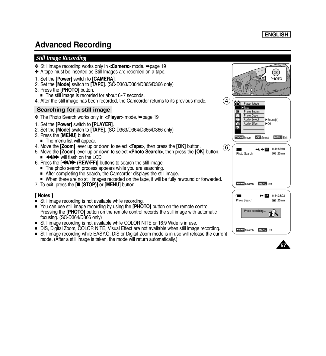Samsung SC-D366, SC-D263, SC-D364, SC-D362 Searching for a still image, Still Image Recording, Advanced Recording, English 