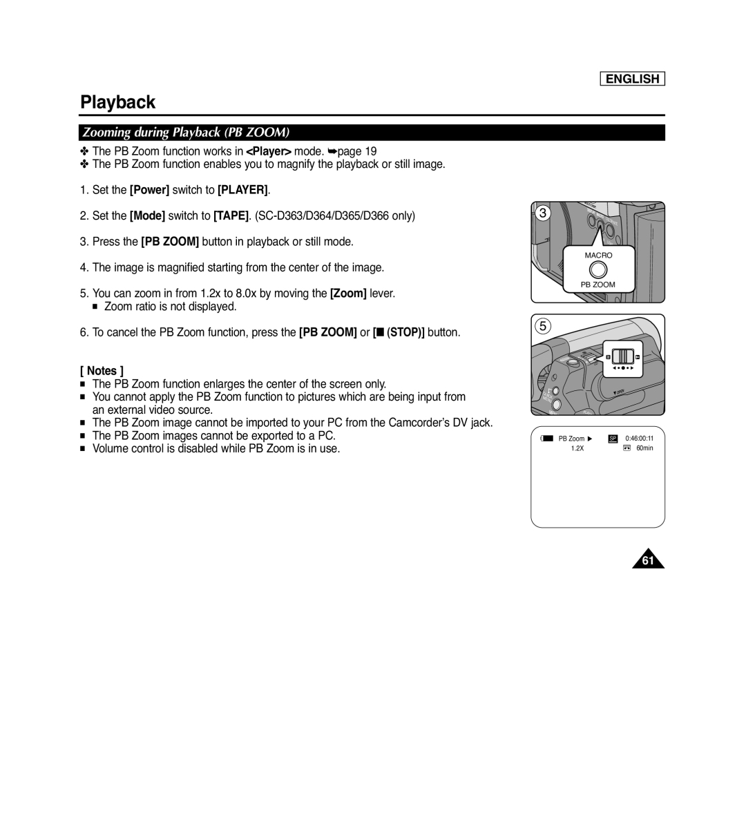 Samsung SC-D366, SC-D263, SC-D364, SC-D362 manual Zooming during Playback PB ZOOM, English, Macro Pb Zoom 