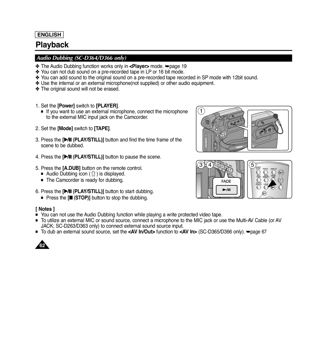 Samsung SC-D263, SC-D366, SC-D362 manual Audio Dubbing SC-D364/D366 only, Playback, English, Av/ S 