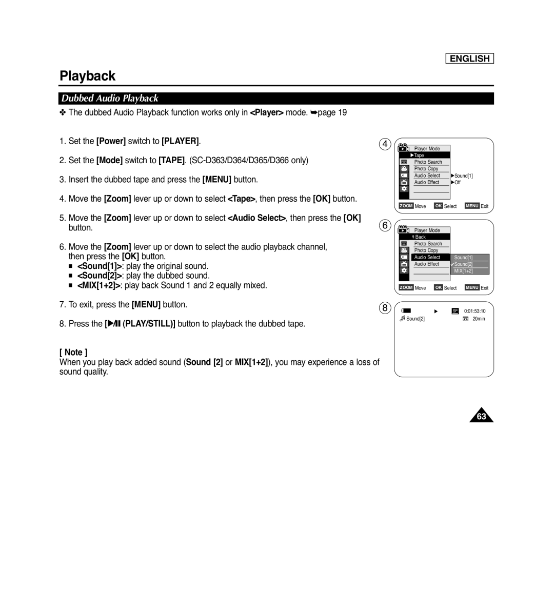 Samsung SC-D362, SC-D263, SC-D366, SC-D364 manual Dubbed Audio Playback, English 