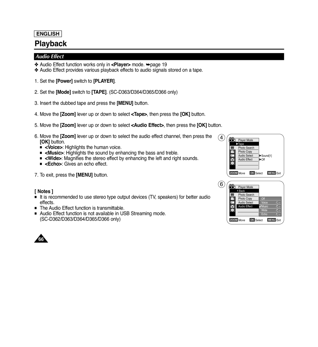 Samsung SC-D364, SC-D263, SC-D366, SC-D362 manual Audio Effect, Playback, English 