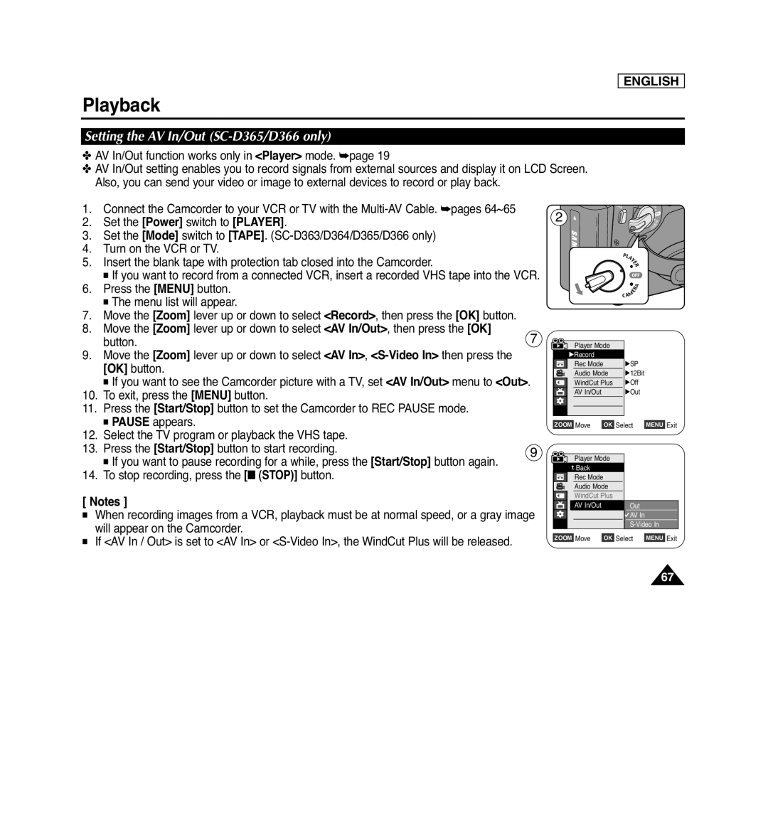 Samsung SC-D362, SC-D263, SC-D366, SC-D364 manual Setting the AV In/Out SC-D365/D366 only, Playback, English, WindCut Plus 