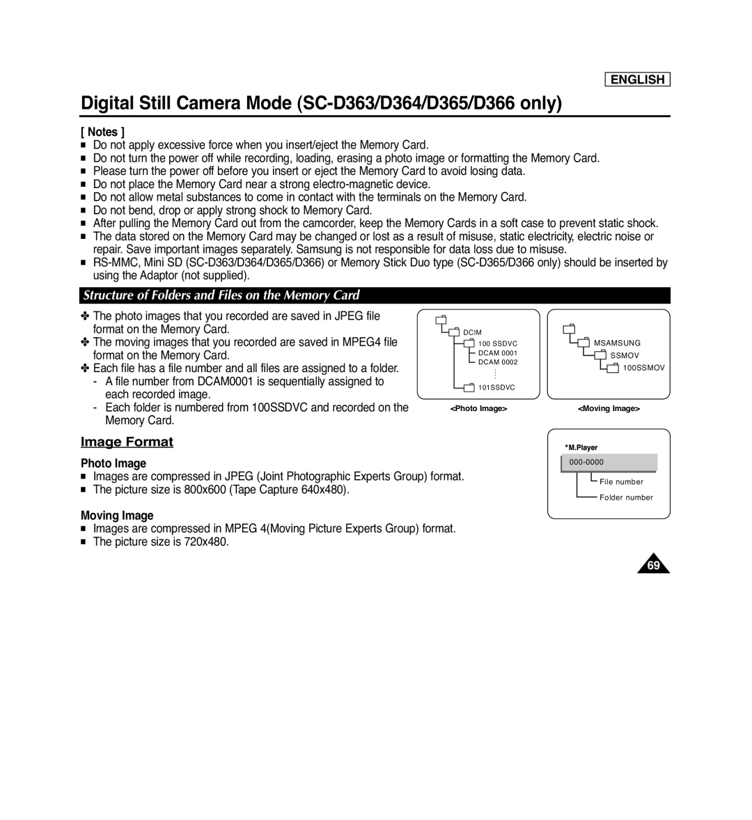 Samsung SC-D366 manual Image Format, Structure of Folders and Files on the Memory Card, Photo Image, Moving Image, English 