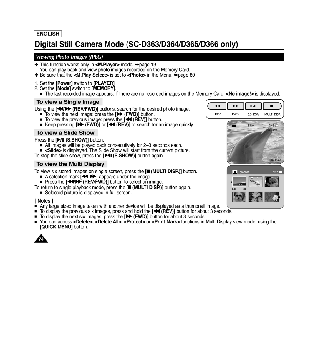Samsung SC-D364 manual To view a Single Image, To view a Slide Show, To view the Multi Display, Viewing Photo Images JPEG 