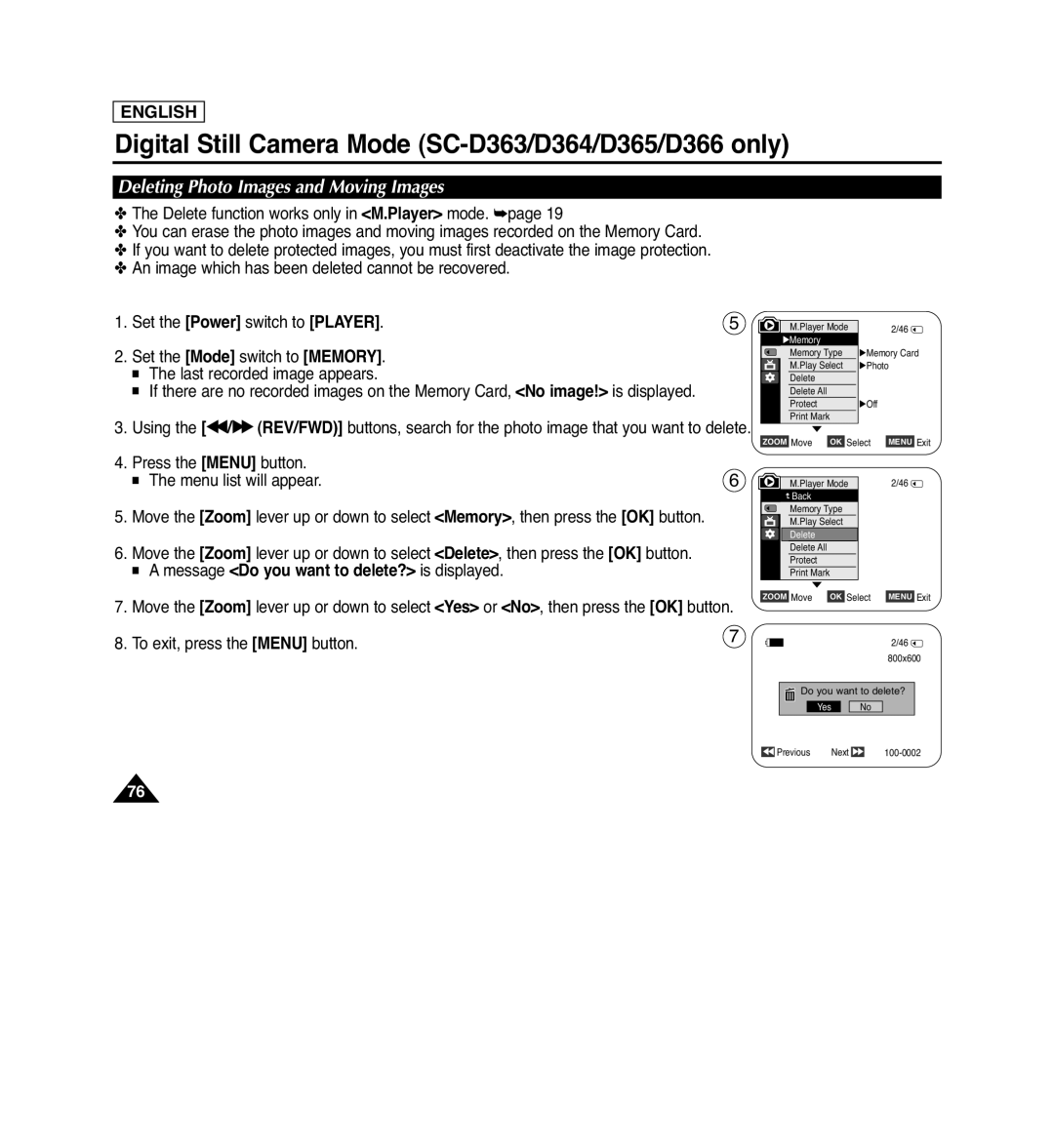 Samsung SC-D263 Deleting Photo Images and Moving Images, Digital Still Camera Mode SC-D363/D364/D365/D366 only, English 