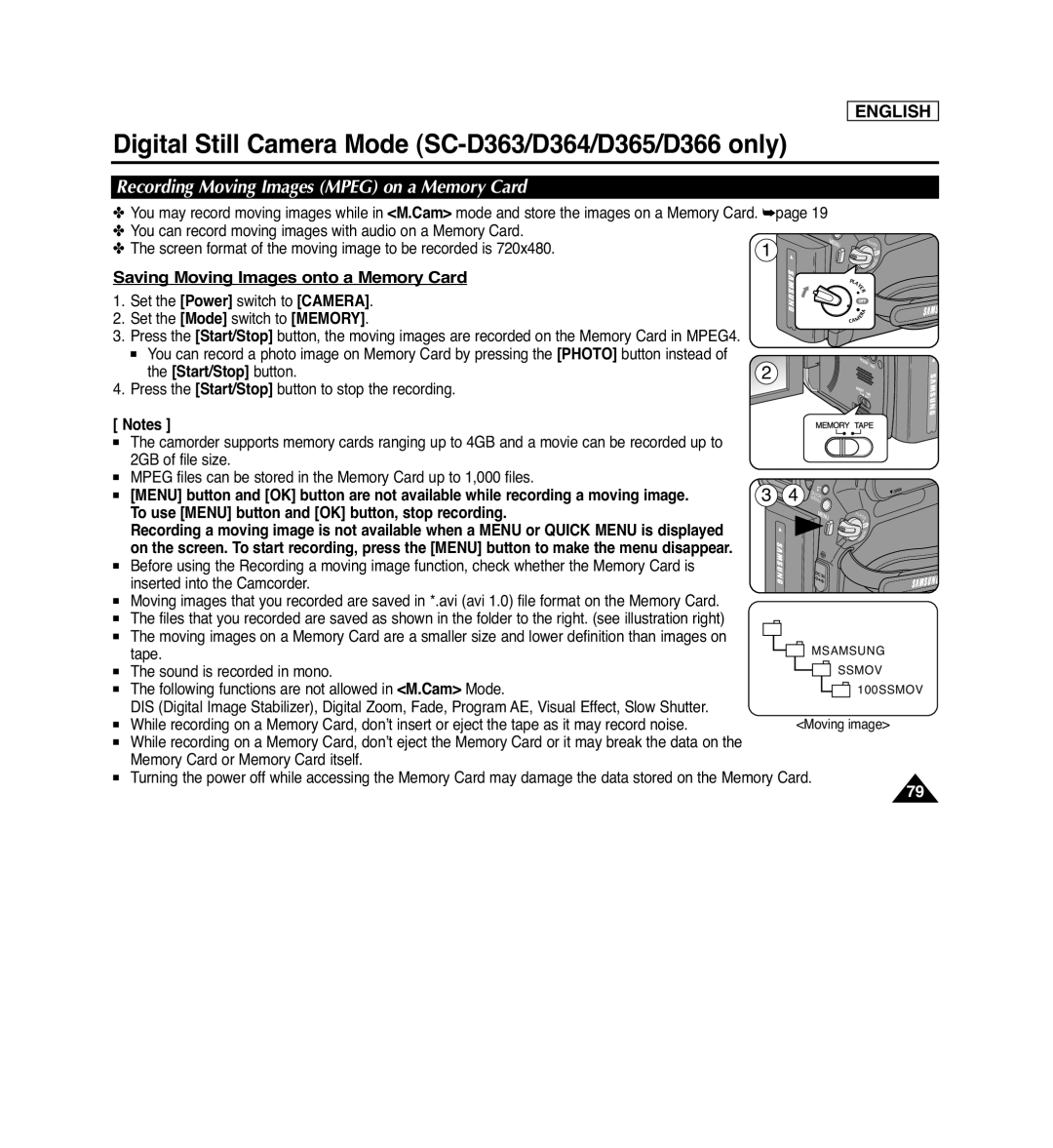 Samsung SC-D362, SC-D263 Recording Moving Images MPEG on a Memory Card, Saving Moving Images onto a Memory Card, English 