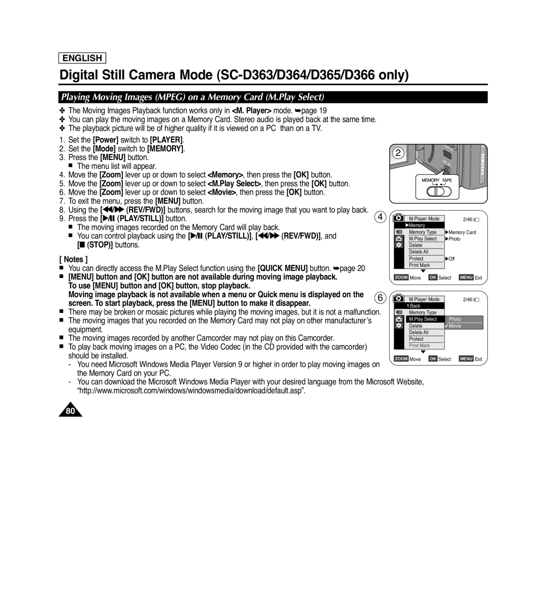 Samsung SC-D263, SC-D366, SC-D364, SC-D362 Playing Moving Images MPEG on a Memory Card M.Play Select, English, STOP buttons 