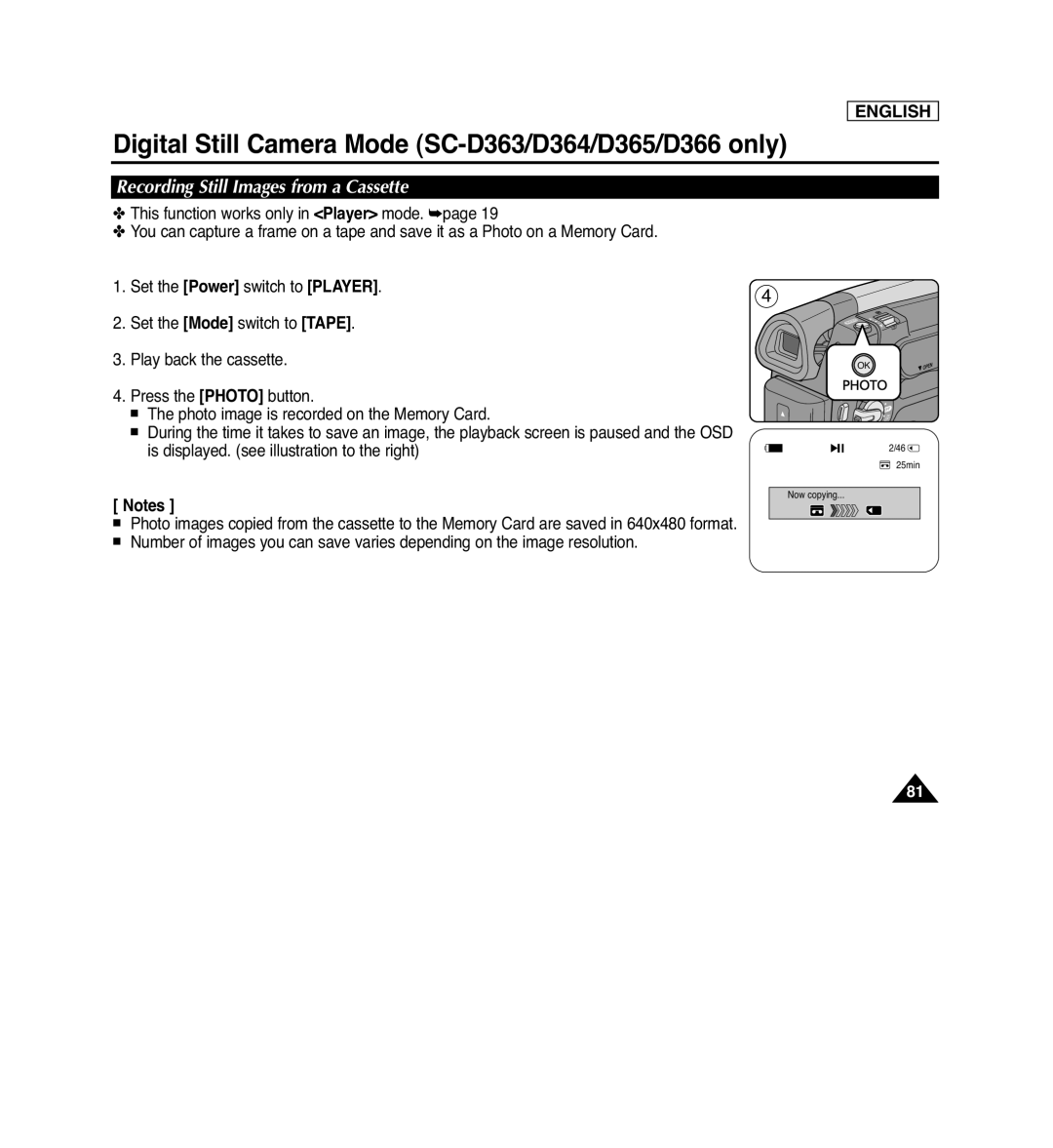 Samsung SC-D366 Recording Still Images from a Cassette, Digital Still Camera Mode SC-D363/D364/D365/D366 only, English 