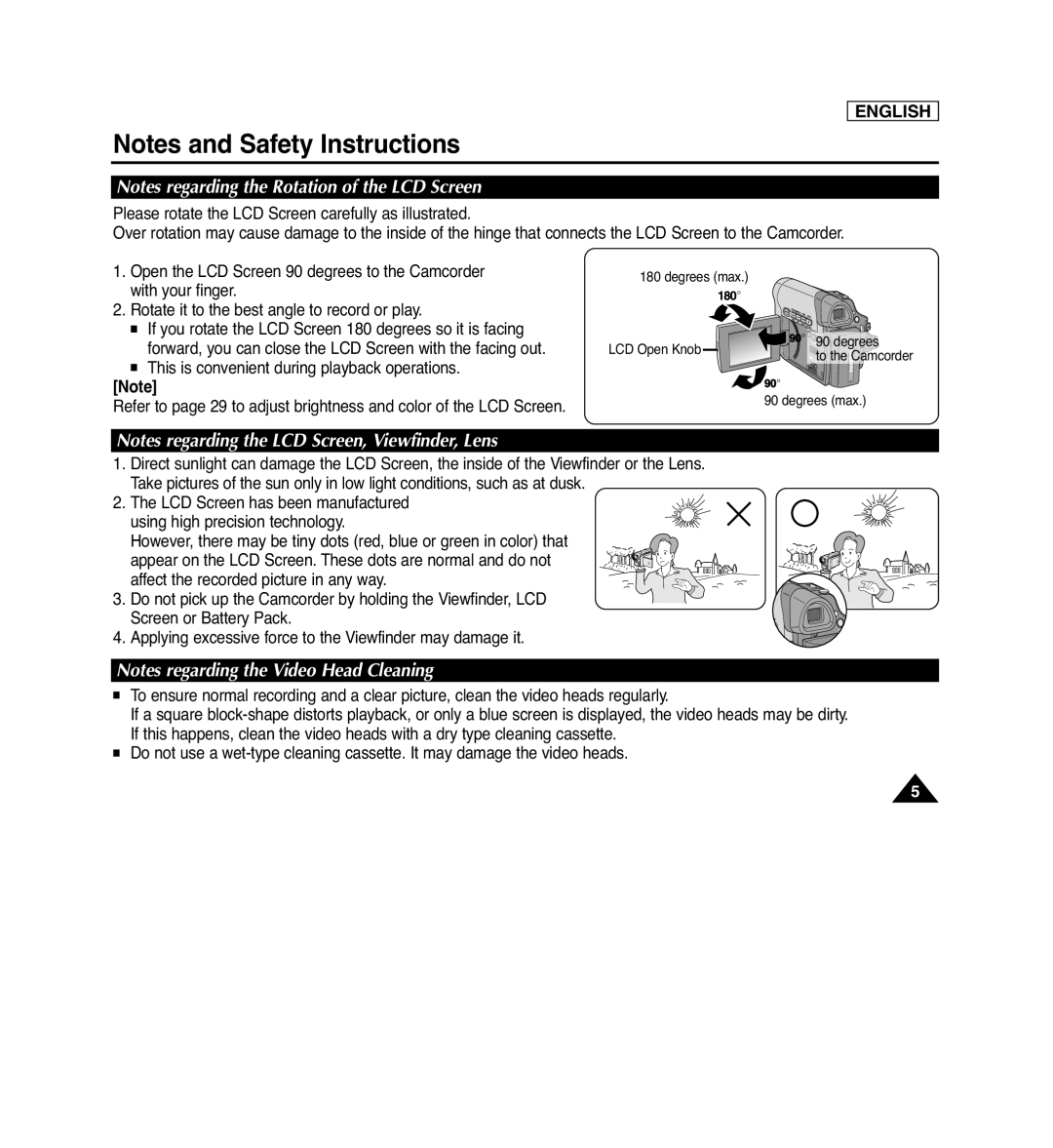 Samsung SC-D366, SC-D263, SC-D364 Notes and Safety Instructions, Notes regarding the Rotation of the LCD Screen, English 