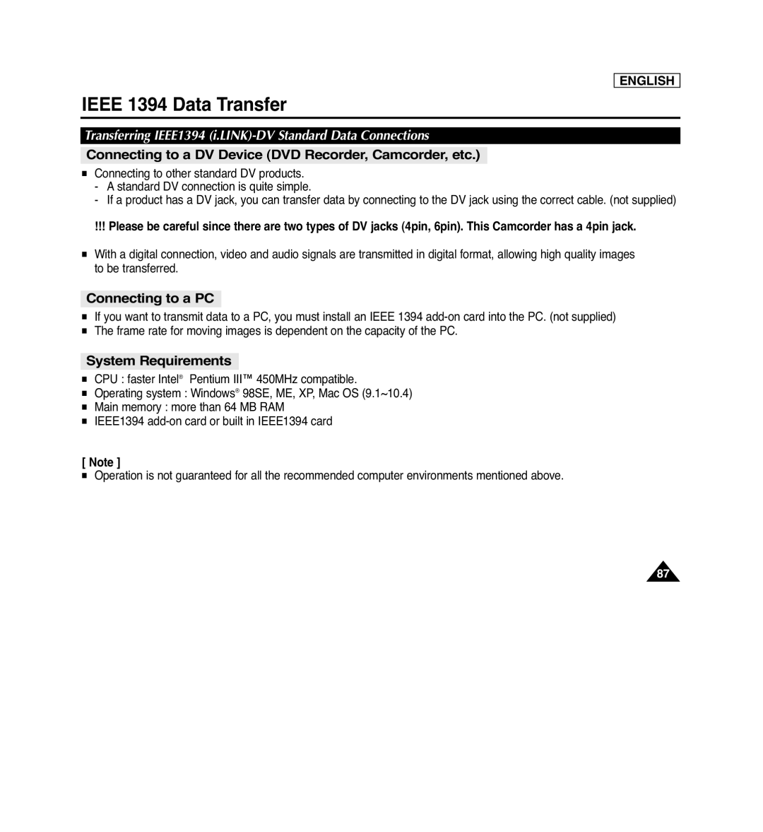 Samsung SC-D362 manual IEEE 1394 Data Transfer, Connecting to a DV Device DVD Recorder, Camcorder, etc, Connecting to a PC 