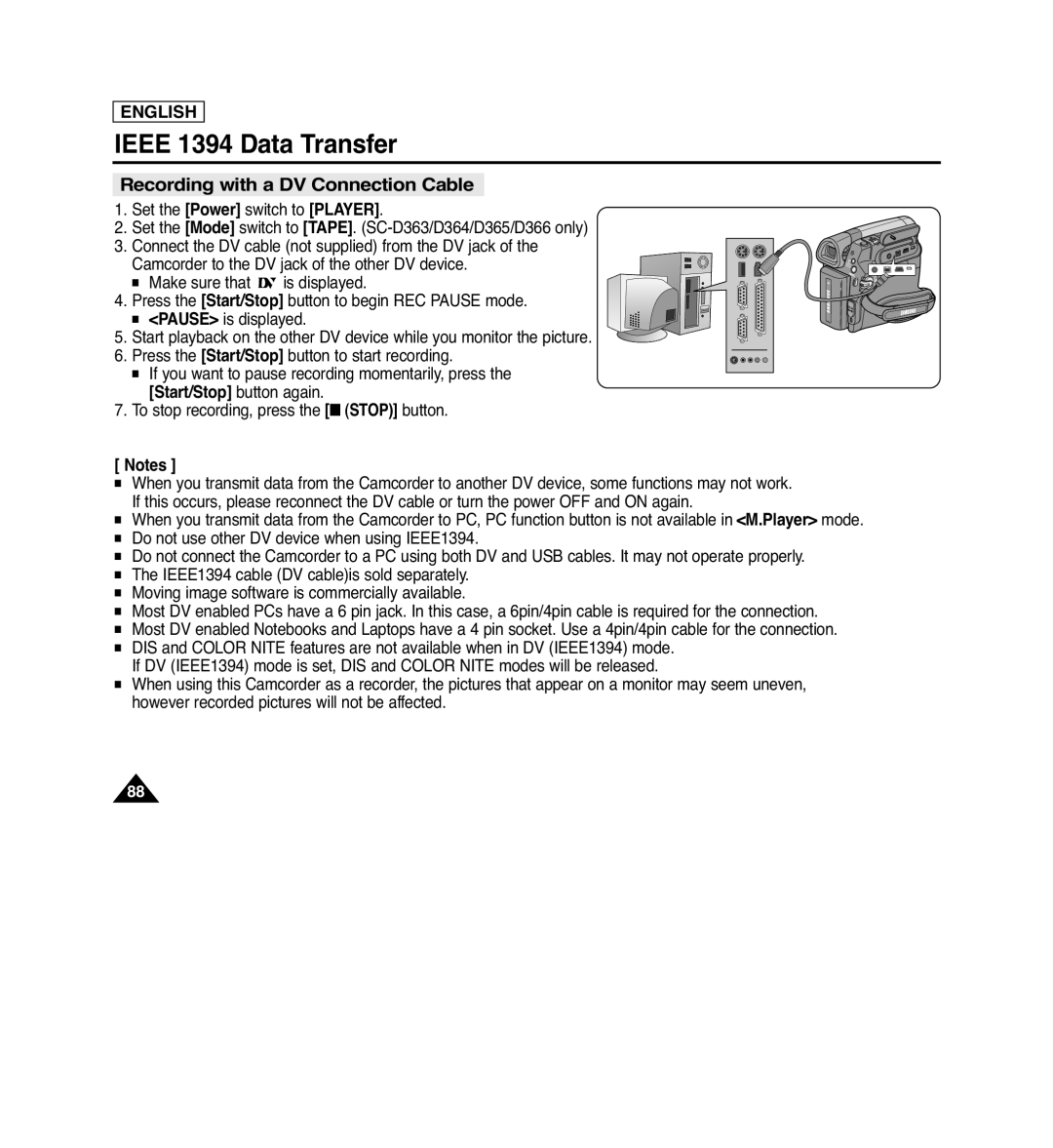 Samsung SC-D263, SC-D366, SC-D364, SC-D362 manual Recording with a DV Connection Cable, IEEE 1394 Data Transfer, English 
