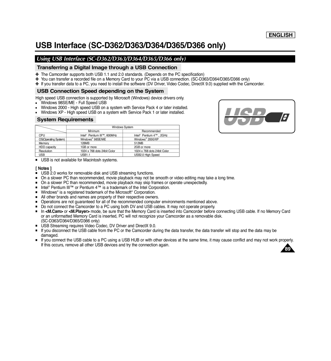 Samsung SC-D366 Using USB Interface SC-D362/D363/D364/D365/D366 only, USB Connection Speed depending on the System 